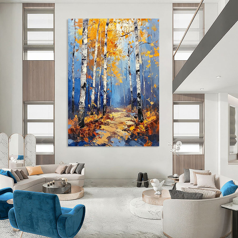 Contemporary abstract painting featuring a birch forest in autumn with vibrant blue and yellow tones and golden leaves in a modern impressionist style. DLZ1533