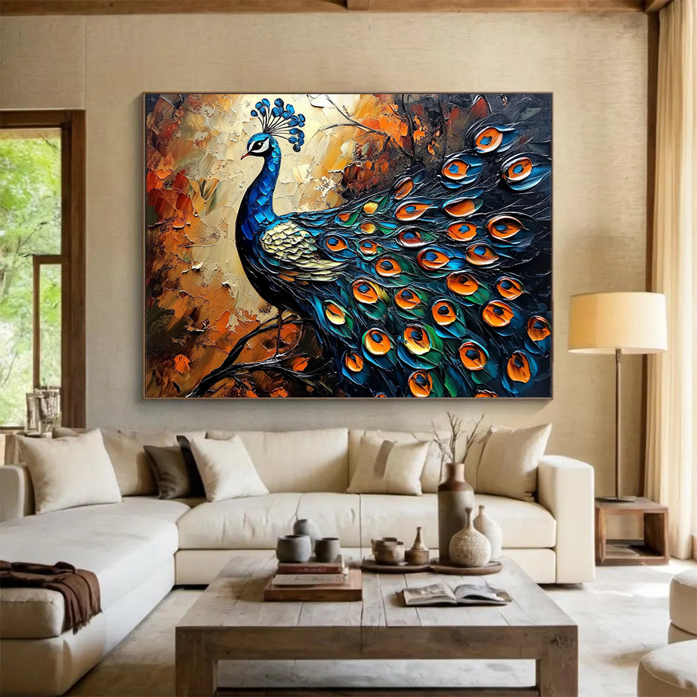 “Blue Gold Orange Peacock Relief” - Blue, gold, orange, green; Textured peacock portrait HB1294