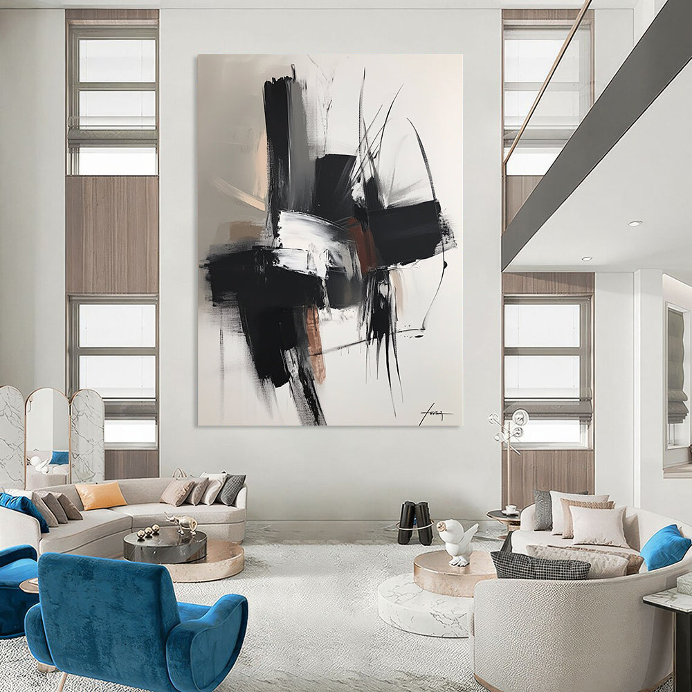 Large contemporary hand-painted abstract artwork featuring dark gray and light bronze shapes with soft edges and subtle textures in neutral tones. DLZ0314