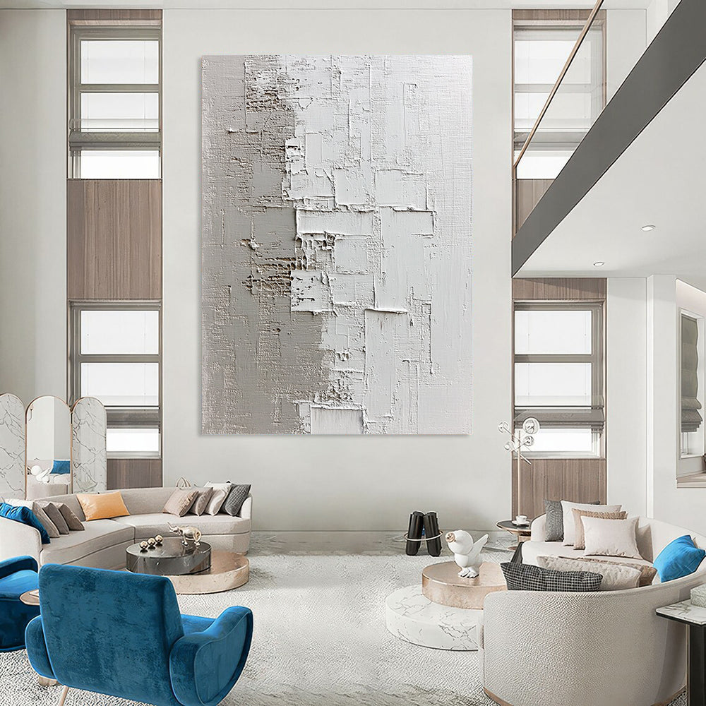Contemporary hand-painted abstract artwork showcasing textured light gray and dark beige shades on a dark plaster background, evoking tranquility and depth. DLZ0832