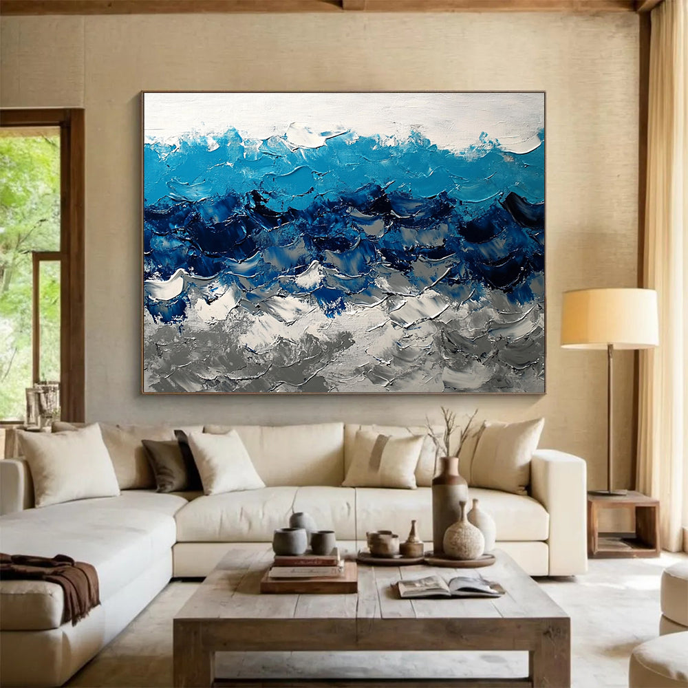 “Bold Blue Wave Textures” - Blue, White, Gray, Bold Wave Textures Painting On Canvas HB0975