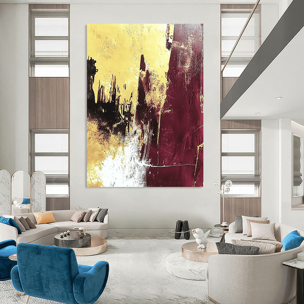 Large contemporary hand-painted abstract artwork featuring yellow and burgundy colors with white texture and gold leaf, capturing ruins in a high-contrast detailed style. DLZ1527