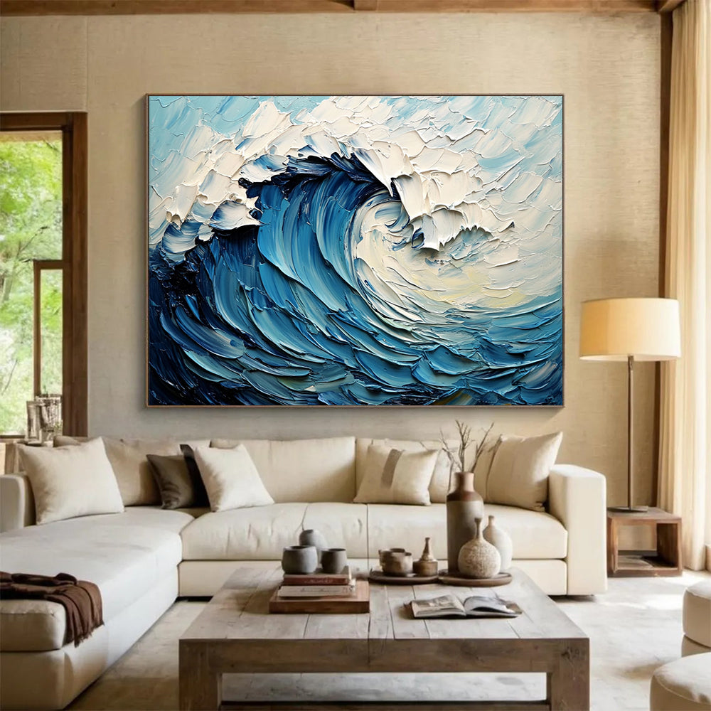“Thick - Textured Blue Wave” - Blue, White, Swirling Wave, Ocean - Impasto Oil Painting HB1679
