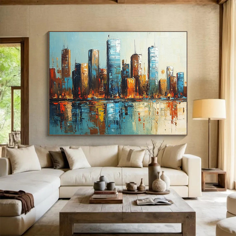 “Cityscape Reflections” - Blues, Browns, Oranges, Urban Skyline - Impressionist Oil Painting HB1591