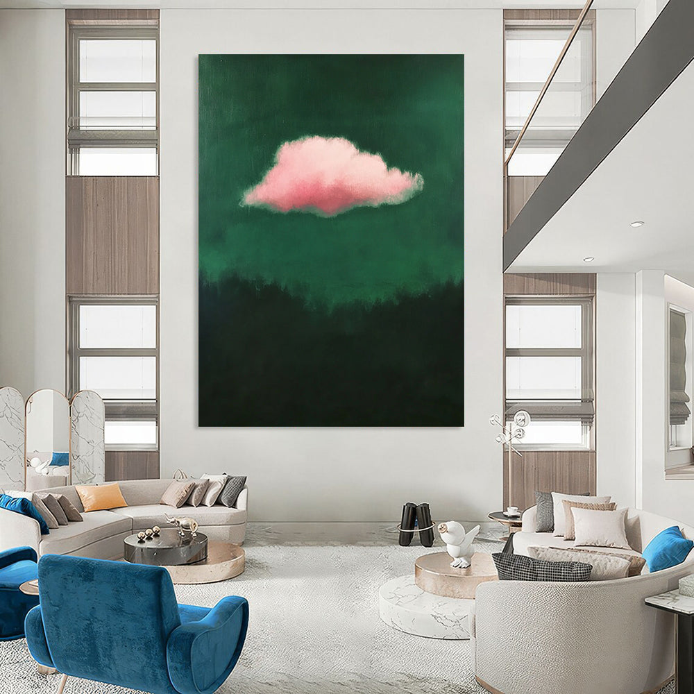 Contemporary minimalist art featuring a single pink cloud against a dark green background exuding low contrast elegance. DLZ1682