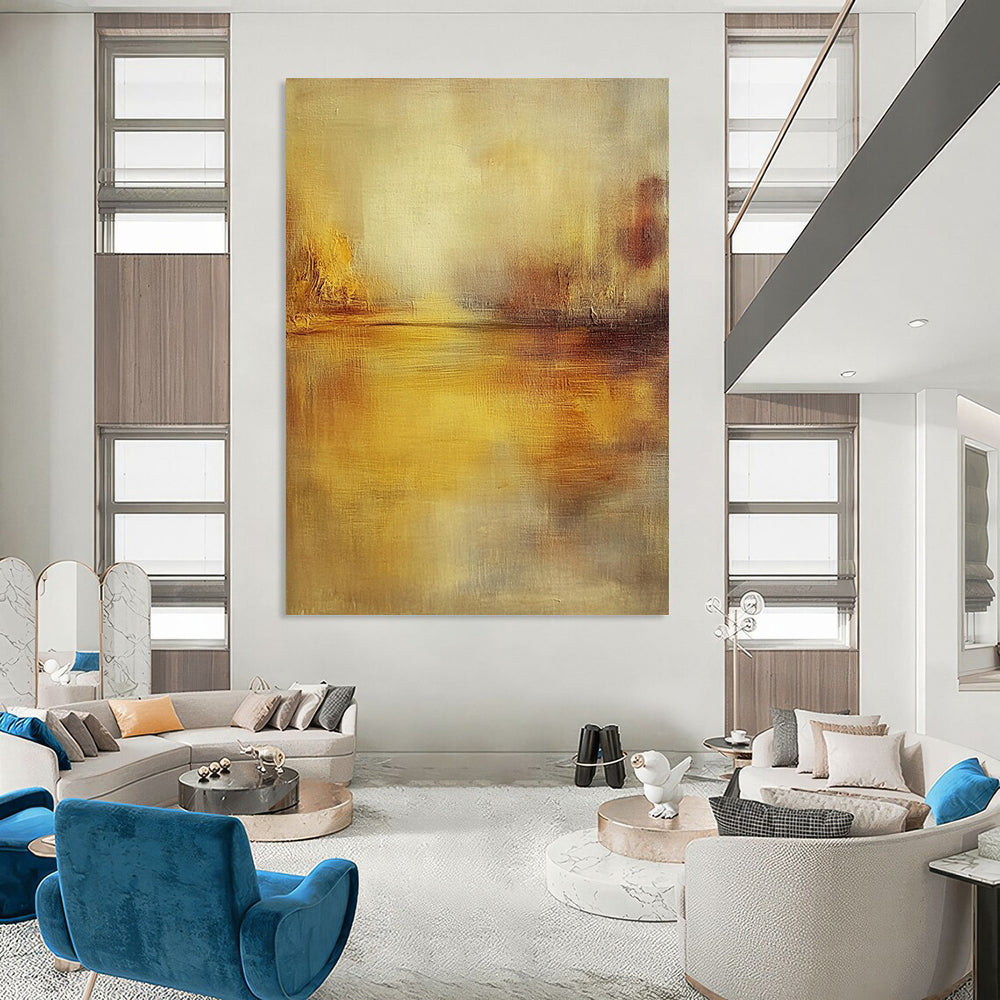 Contemporary hand-painted abstract artwork featuring muted tones, soft brushstrokes, and a tranquil water reflection illuminated by golden hour light. DLZ0420
