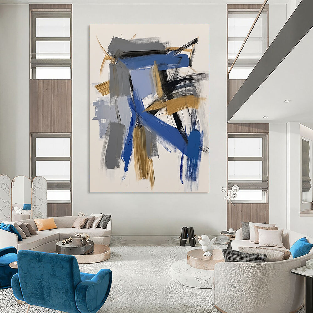 Contemporary abstract painting featuring bold blue and gold brushstrokes on white paper capturing dynamic architectural forms with expressive simplicity. DLZ0869