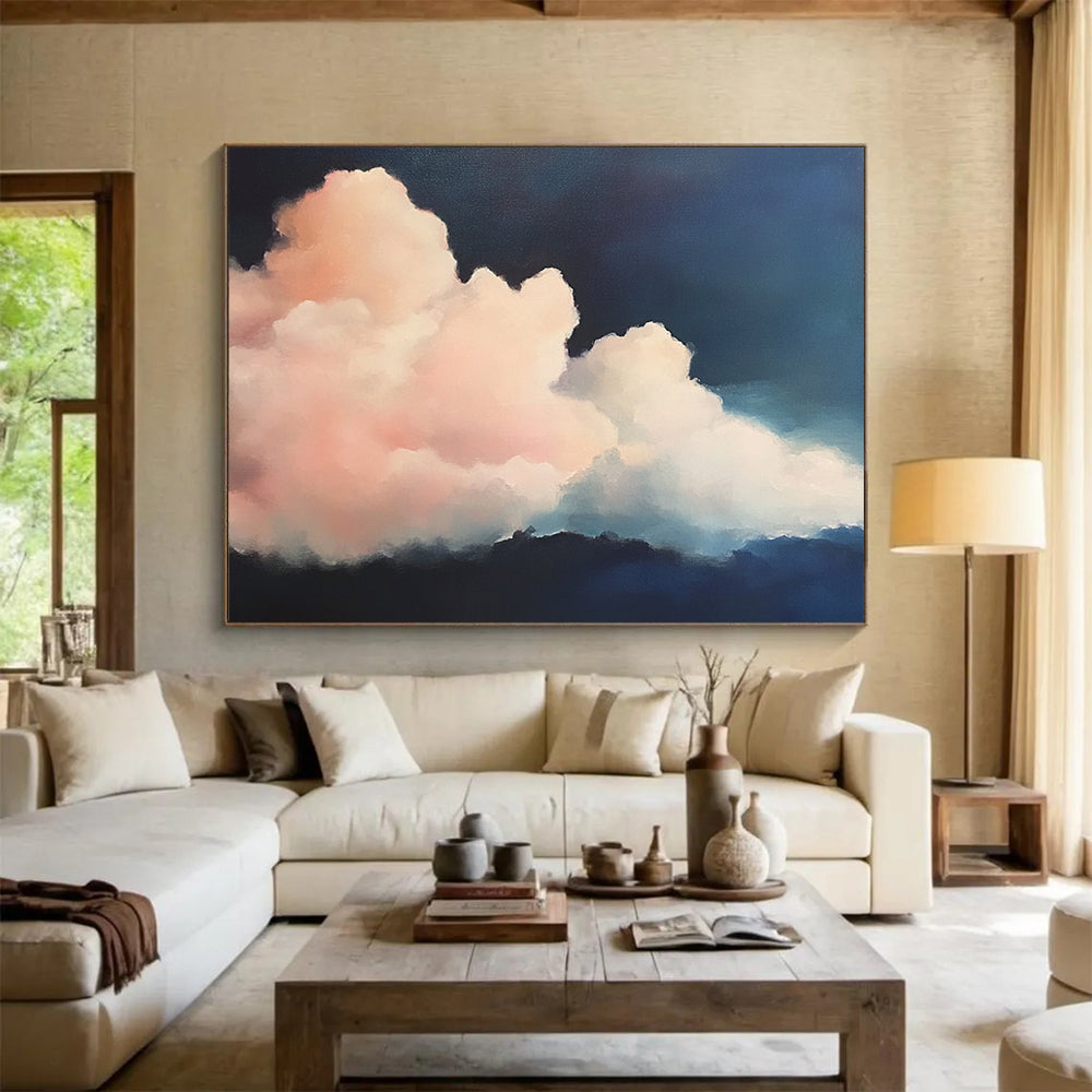 “Pink Clouds at Night” - Pinks, Blues, Dark Background, Fluffy Clouds Against Night Sky - Realist Oil Painting HB1710