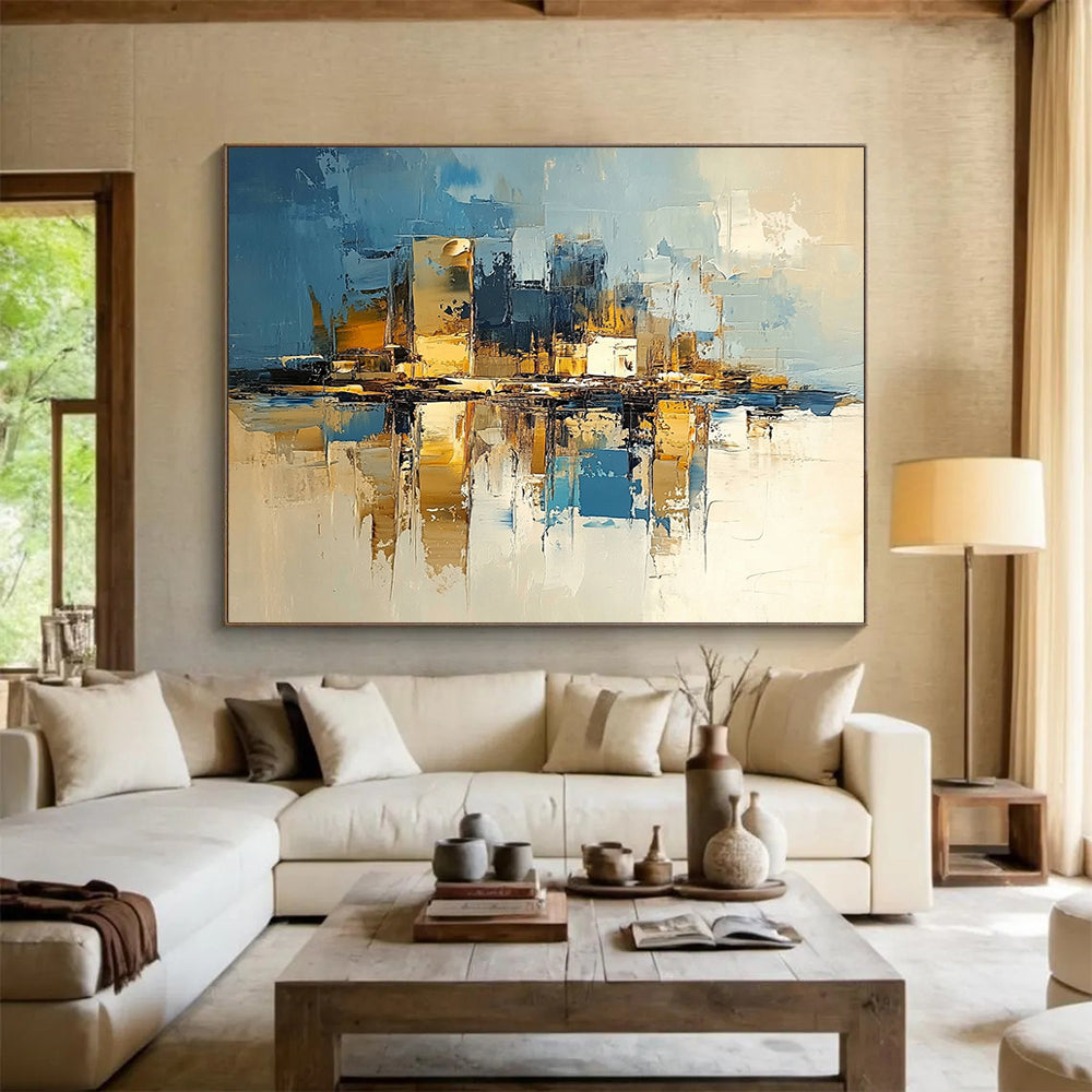“Cityscape Reflections” - Deep blues, golds, whites; Abstract city skyline mirrored in water; Palette Knife Oil Painting On Canvas HB1177