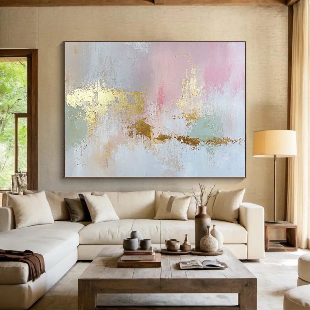 “Blush and Gold Elegance” - Pink, Gold, Gray, Green, Soft Textures - Abstract Minimalist - Inspired Acrylic Painting HB1554