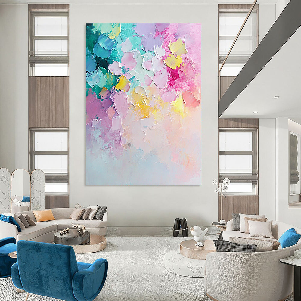 Contemporary hand-painted abstract art featuring pastel flowers in light pink and mint green with dynamic brush strokes and a textured palette knife finish. DLZ0761