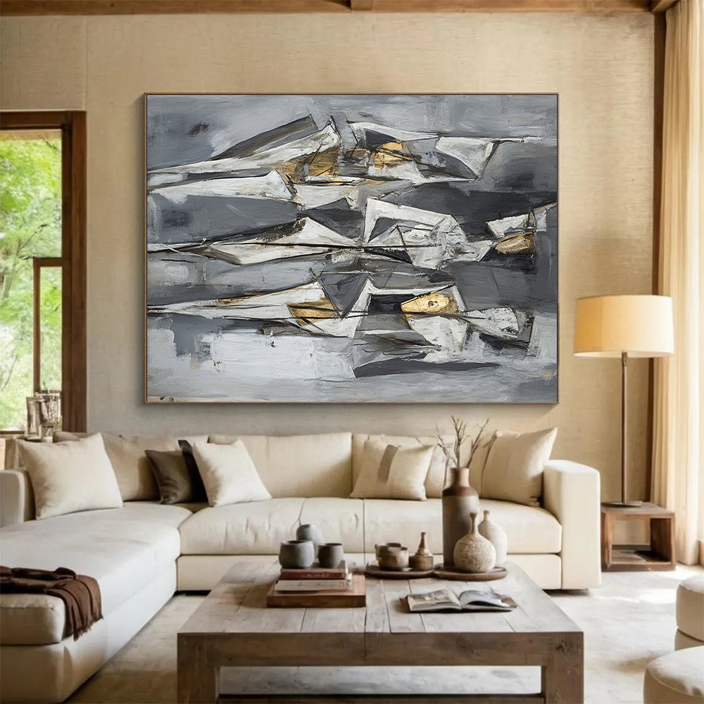 Gray, White, Black and Gold Cubist Figures "Ethereal Forms" Painting On Canvas HB375