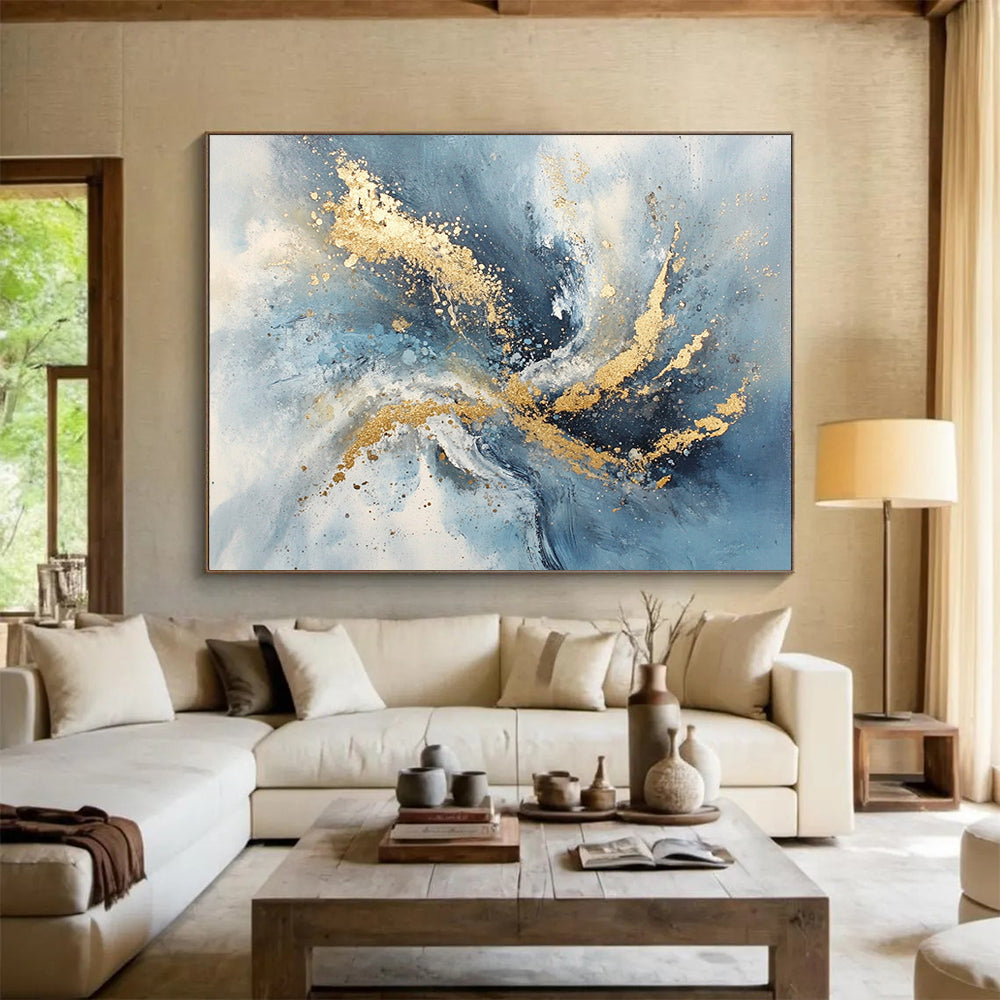 “Blue - Gray Abstract with Gold Splashes” - Blue, Gray, Gold, Dynamic Splashes Painting On Canvas HB0826
