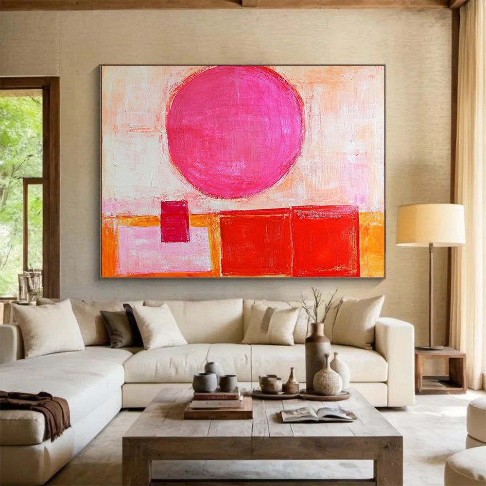 “Pink Sphere & Reds” - Bold pink, warm reds, soft oranges, whites; Geometric sphere and blocks; Modern Abstract Painting On Canvas HB1155
