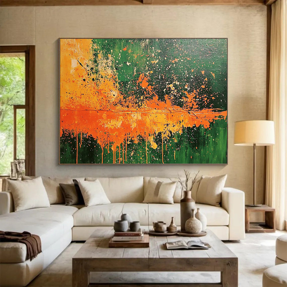 “Explosive Green and Orange” - Bright Greens, Oranges, and Whites, Energetic Splatter - Style Abstract Painting On Canvas HB0911