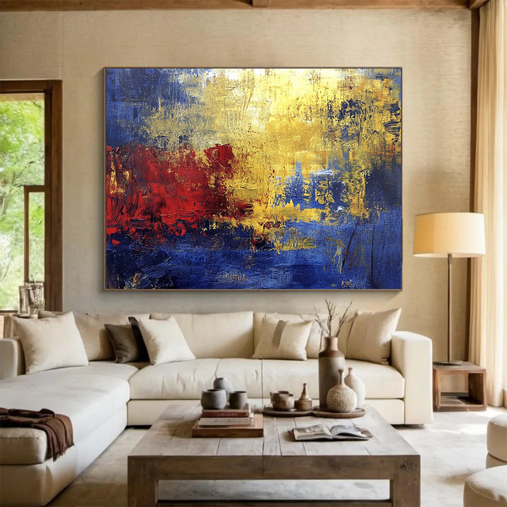 “Golden Red Abstract” - Blue, Gold, Red, Textured Color Blocks Painting On Canvas HB0945