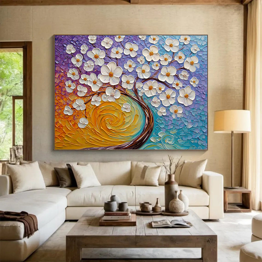 “3D White Flowers on Colorful Textured Background” - Purple, Blue, Orange, White 3D Flowers - Textured Acrylic Painting HB1636