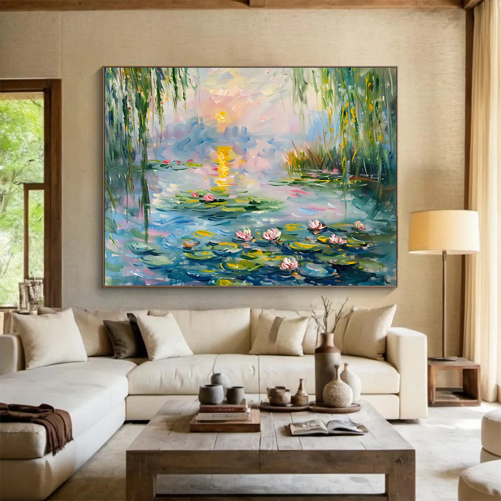 Water Lily Pond at Sunset - Impressionist Living Room or Bedroom Art DLZ194