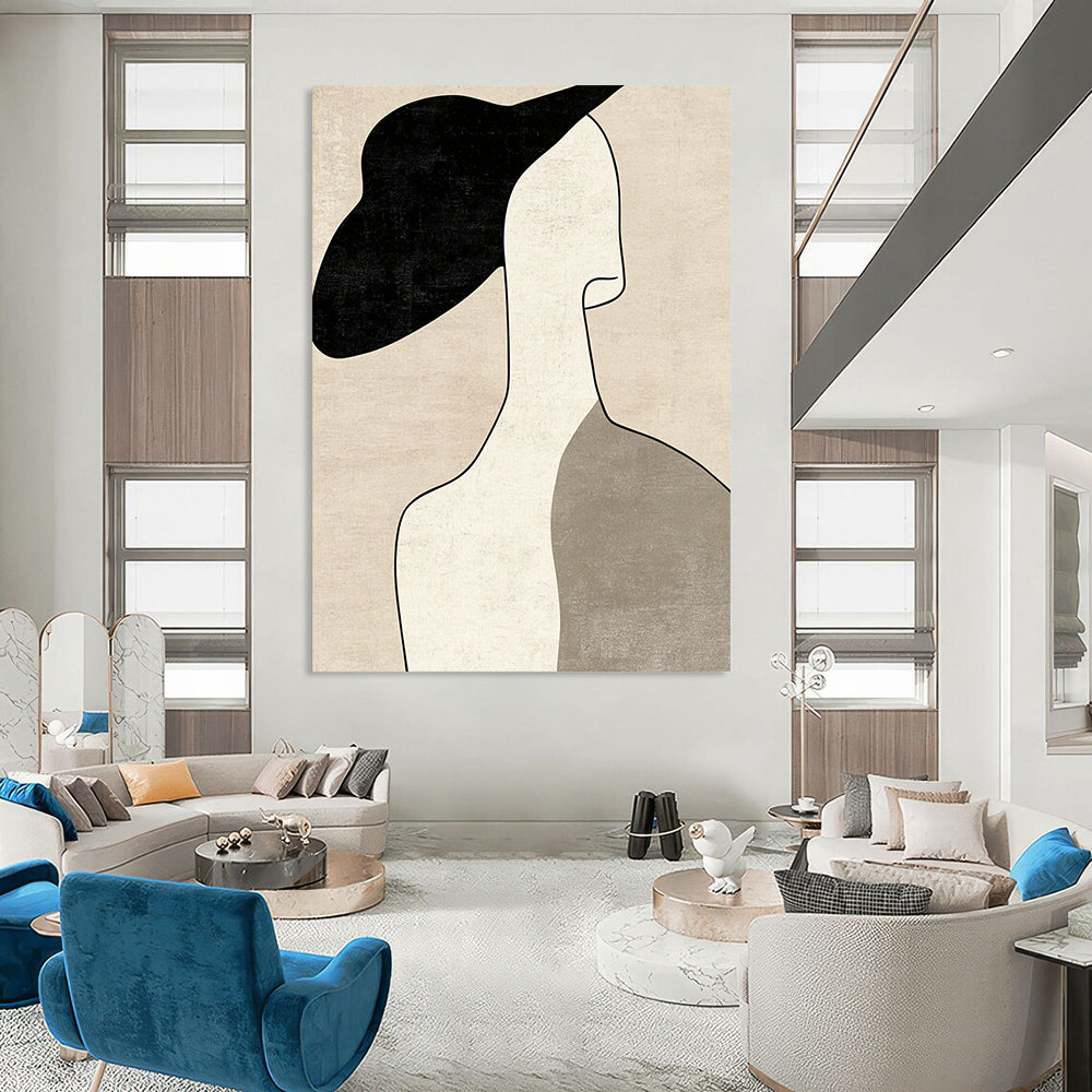 Contemporary minimalist art featuring a woman's profile with a hat in neutral tones and visible brush strokes on a beige background. DLZ1614