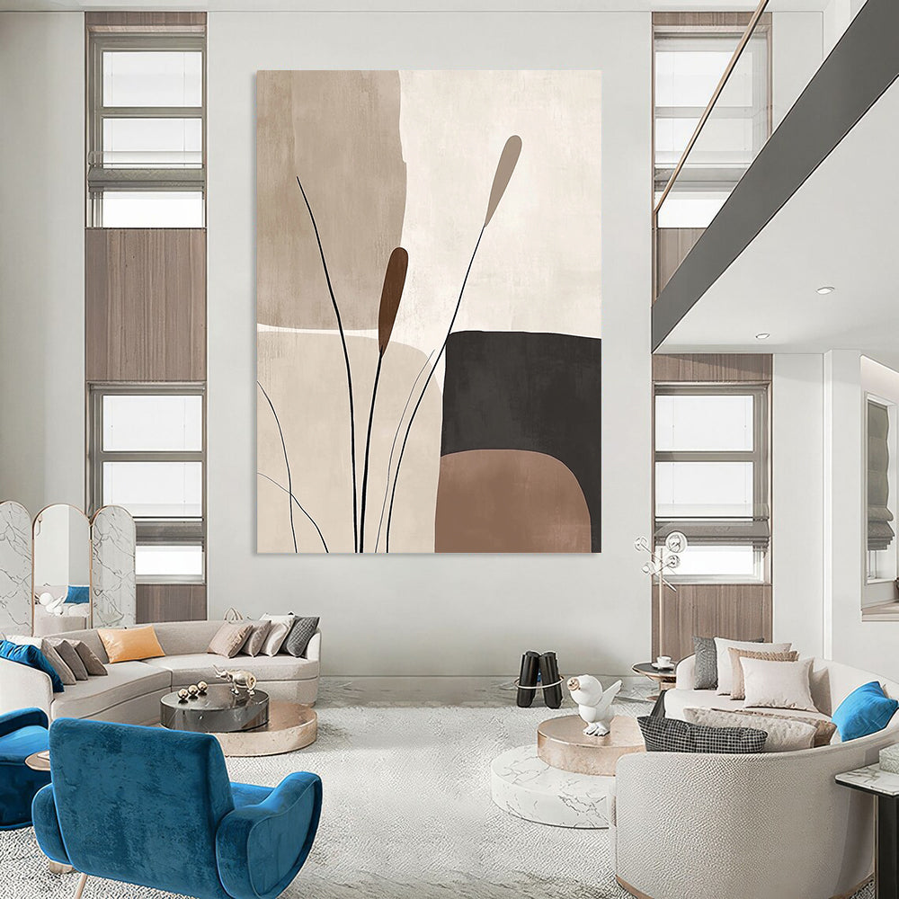 Contemporary abstract artworks feature organic forms in beige and brown tones offering a serene minimalist aesthetic with harmonious geometric patterns. DLZ0791