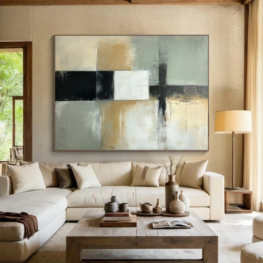 “Subtle Geometric Abstract” - Beige, gray, white, black; Geometric abstract with soft color transitions; Acrylic Painting On Canvas HB1258