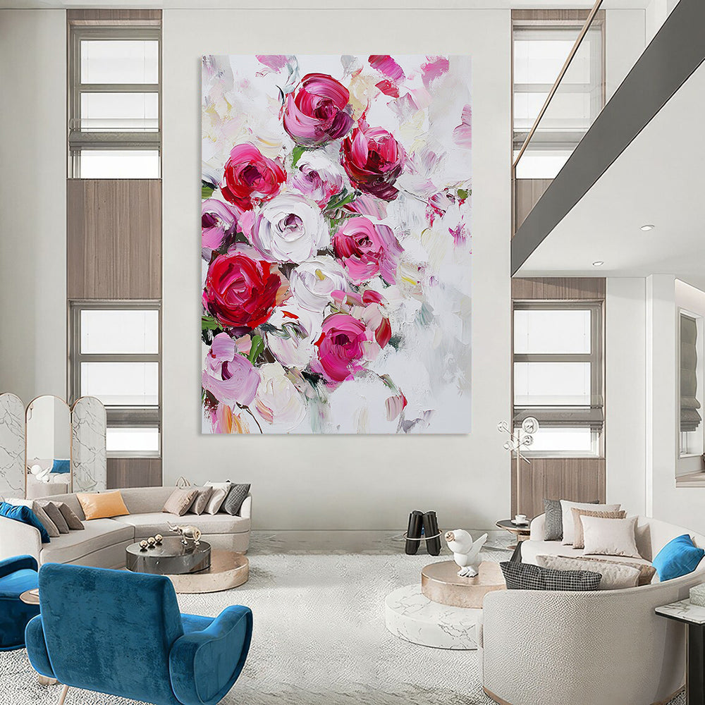 Contemporary hand-painted abstract art featuring vibrant red and pink roses on a white background with loose strokes and a dreamy bouquet effect. DLZ0992