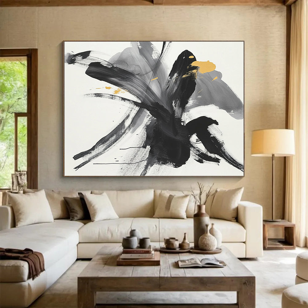 Black, Gray, Yellow and White Abstract Flower "Gilded Bloom" Painting On Canvas HB314