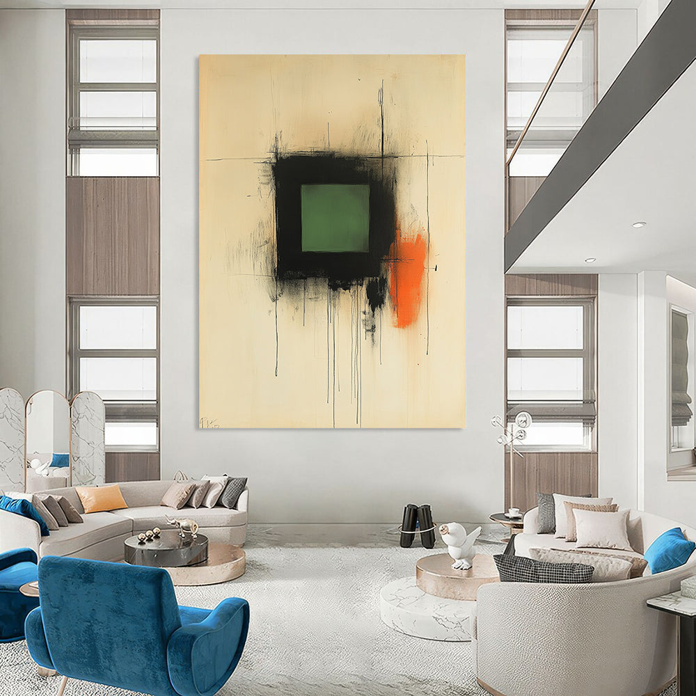 Contemporary abstract artwork features soft black ink lines with a central green square and warm strokes of brown and orange evoking serenity and contemplation. DLZ1465