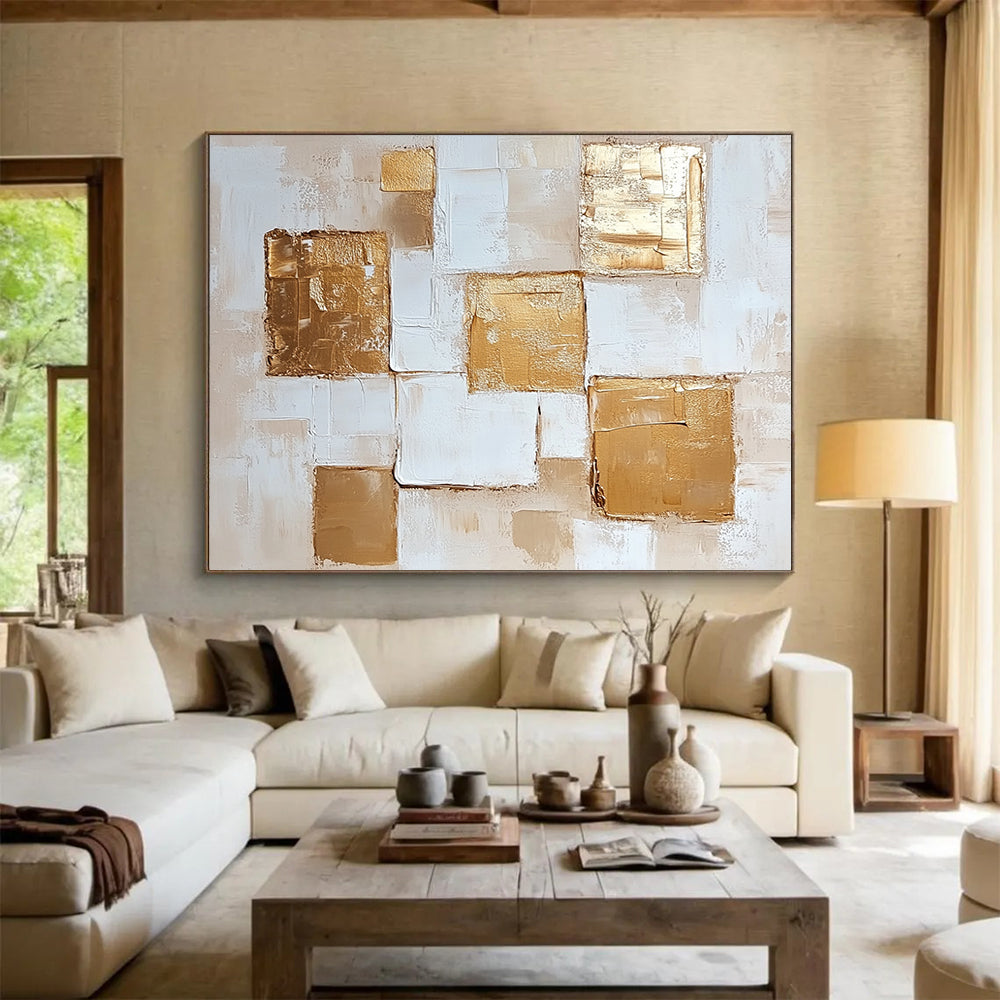 “Golden Squares” - Beige, White, Gold with Geometric Squares - Abstract Acrylic Painting HB1338
