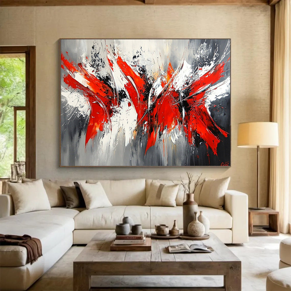“Red & Gray Abstract Surge” - Bold reds, whites, grays, blacks; Dynamic abstract strokes; Abstract Expressionist Painting On Canvas HB1164