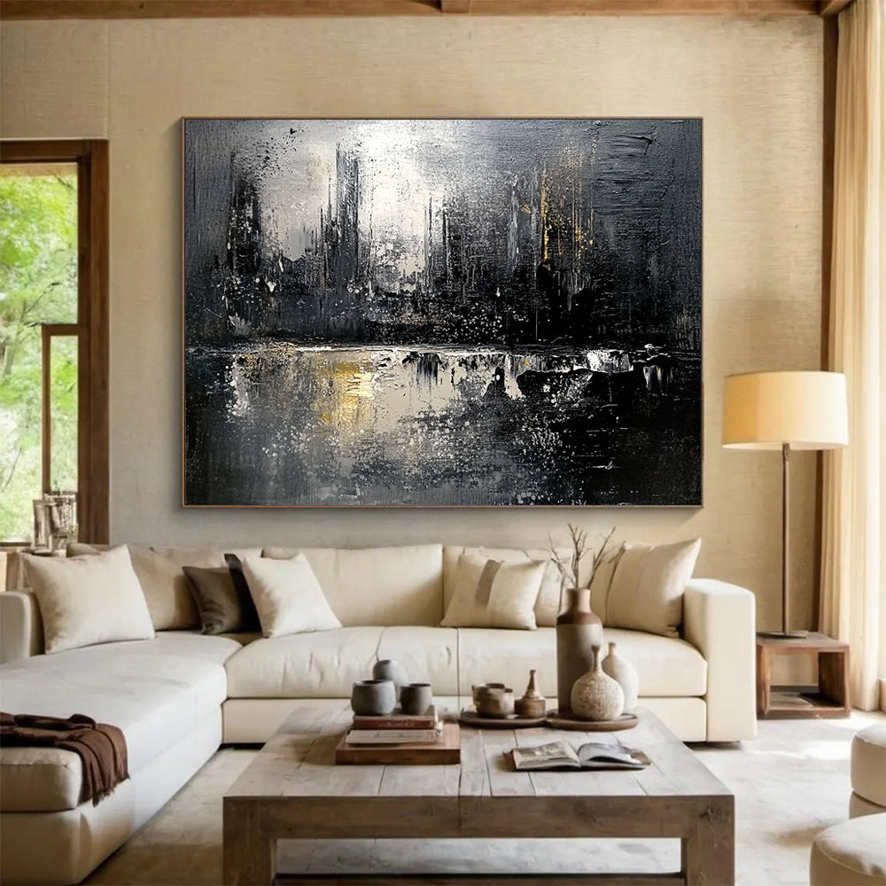 “Monochrome Cityscape Reflection” - Black, White, Gold, Abstract City Reflection HB1129