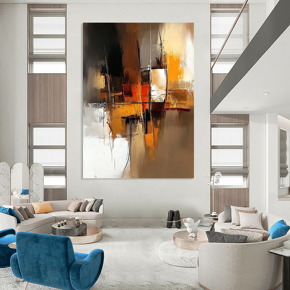 Contemporary abstract art features a warm brown and amber palette with smooth brush strokes and a minimalistic composition highlighted by a dynamic golden ratio design. DLZ0954