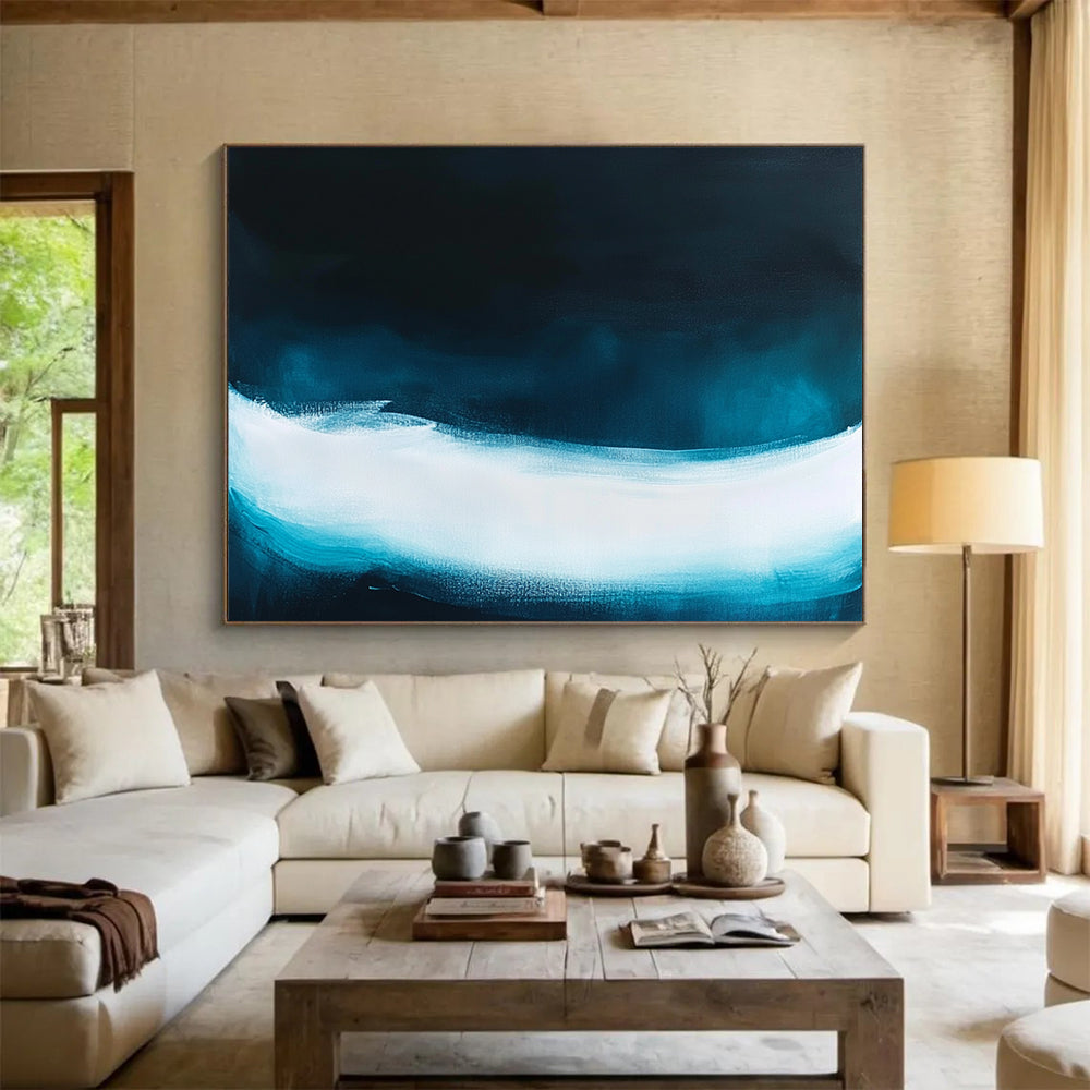 “Dark Blue with Light Blue - White Wave” - Minimalist Abstract Painting On Canvas HB0508