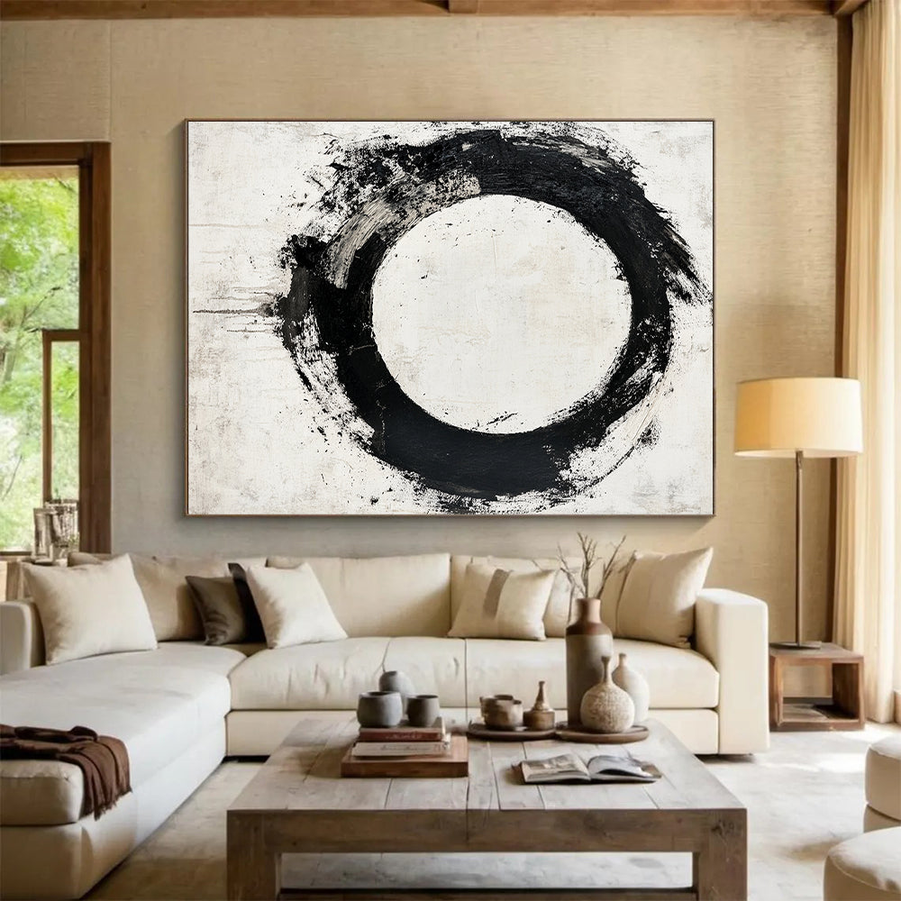 Black Circular Brushstroke with Gray Background - “Earthy Enso” Painting On Canvas HB241
