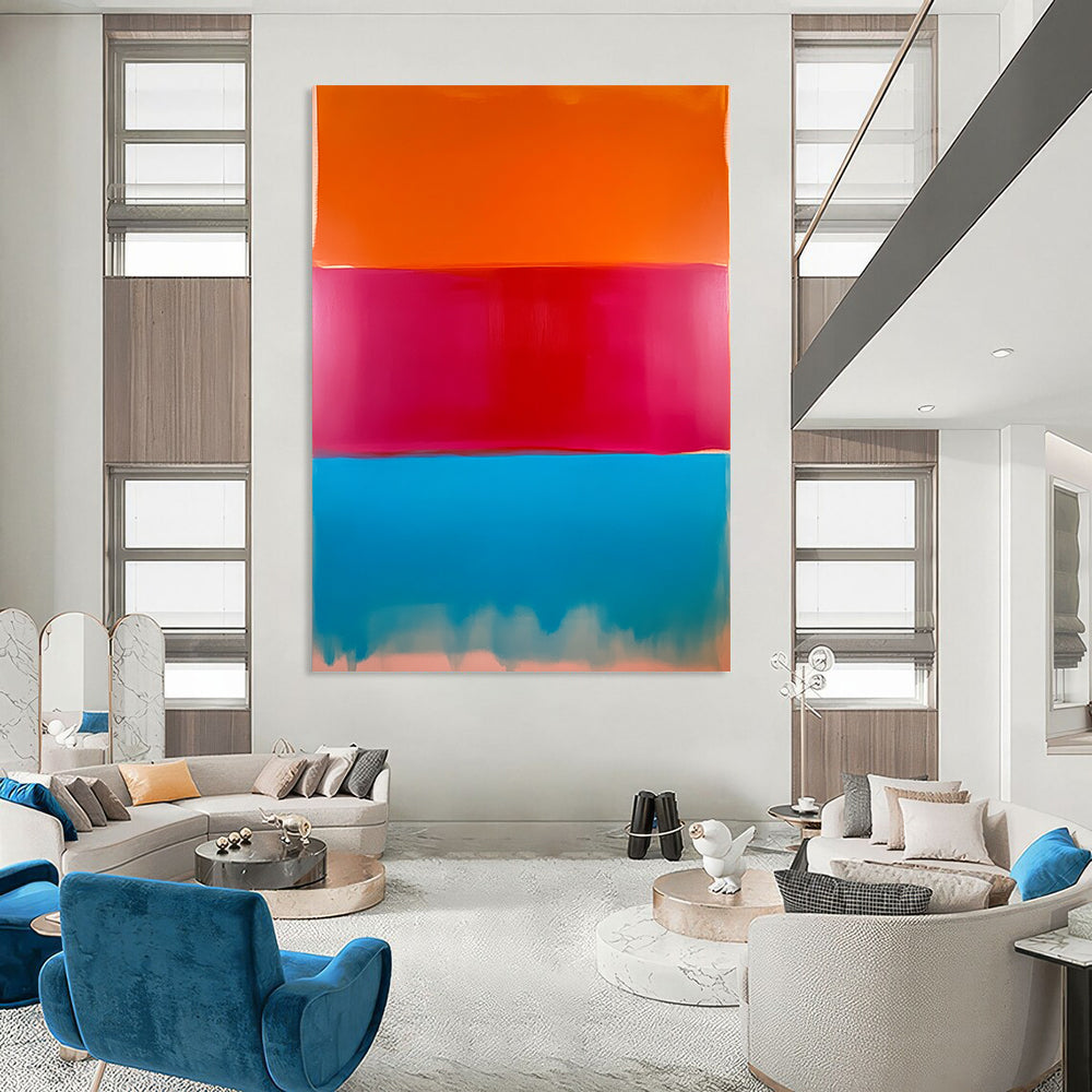 Contemporary hand-painted abstract artwork featuring a large field of color with red, peach, and bright blue vertical sections blending beautifully. DLZ1287