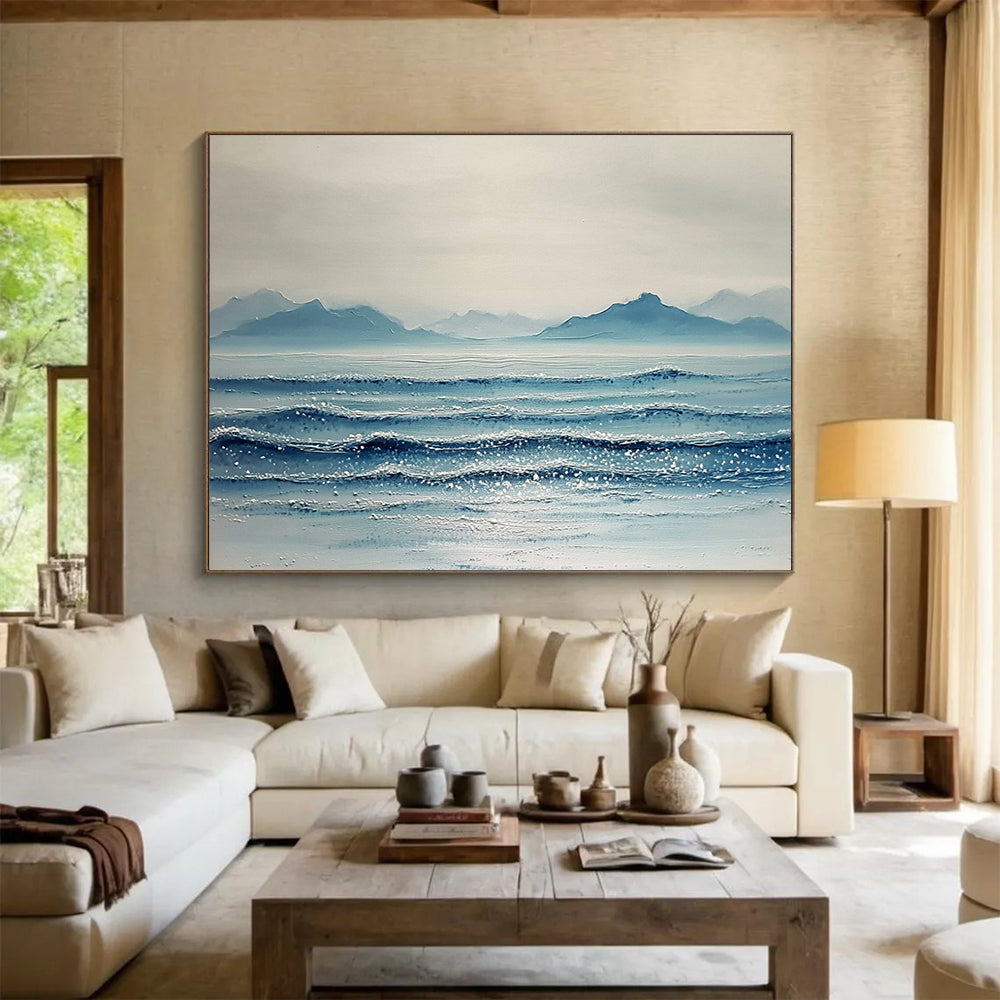 “Sparkling Sea and Distant Peaks” - Shades of Blue, White, Silver, Glittering Ocean and Mountains - Textured Oil Painting HB1612