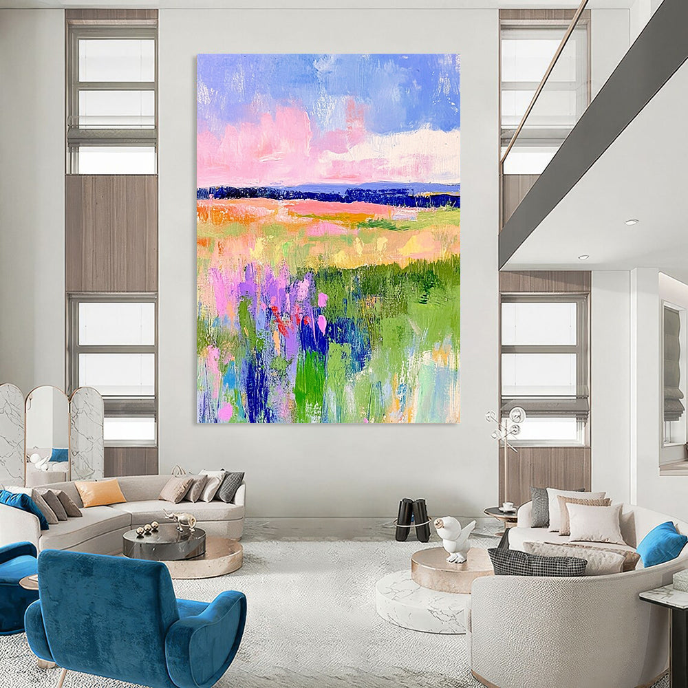 Vibrant contemporary hand-painted abstract artwork featuring pastel fields of green and pink with dreamy skies in blue and purple tones. DLZ1284