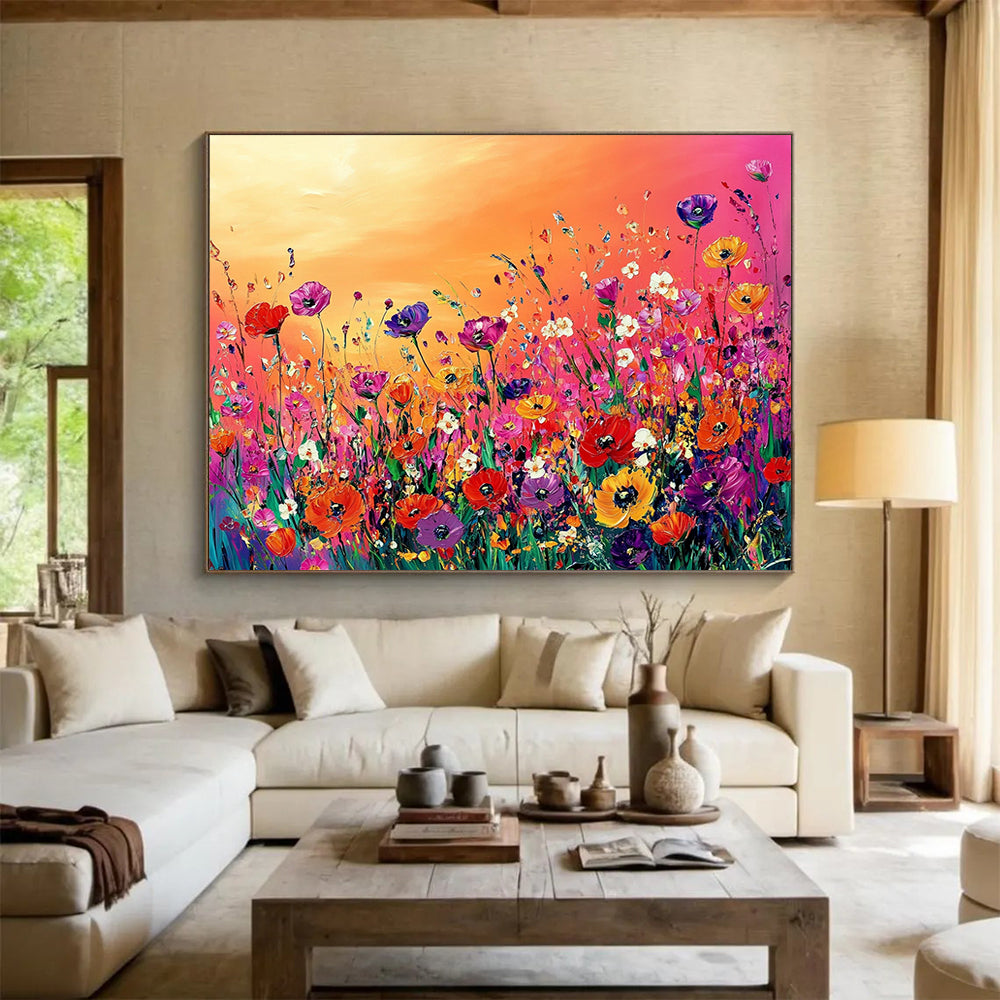 “Vibrant Flower Field” - Colorful, Flowers, Sunset Painting On Canvas HB0747