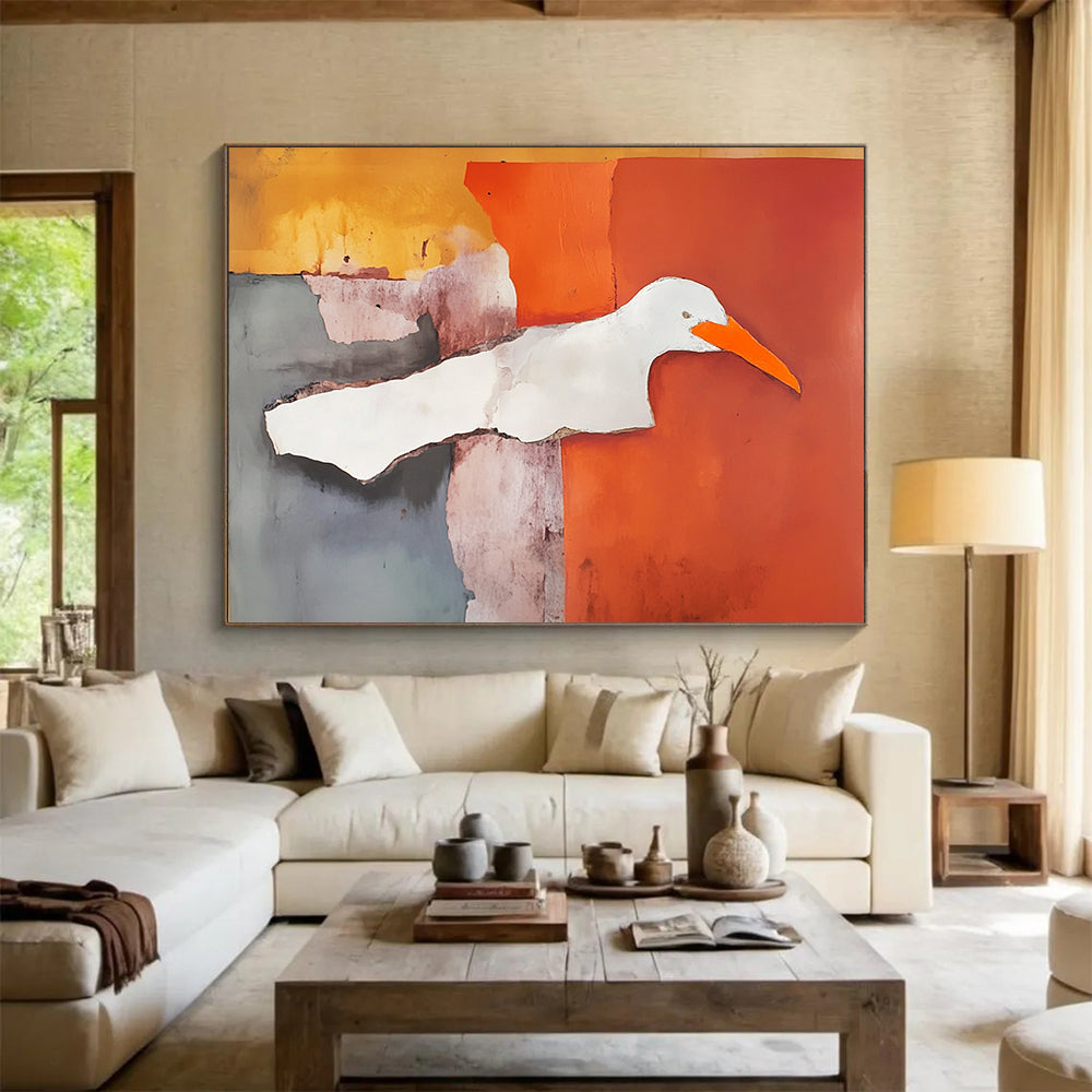 “Collage Bird” - Orange, gray, purple, white; Abstract bird collage; Mixed Media Painting On Canvas HB1209