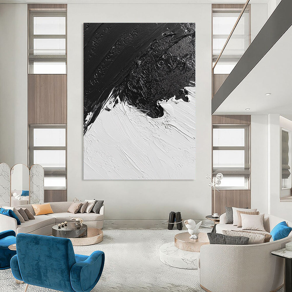 Contemporary abstract oil painting features a snowy landscape in black and white inspired by classic artistry, capturing a unique aerial perspective. DLZ0298