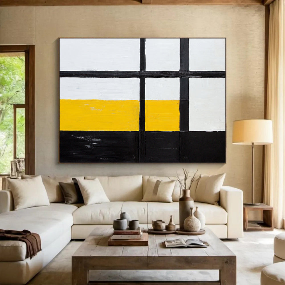 Black, White, Yellow, Geometric Squares "Primary Geometric Squares" Abstract Neo - Platicist Painting On Canvas HB159
