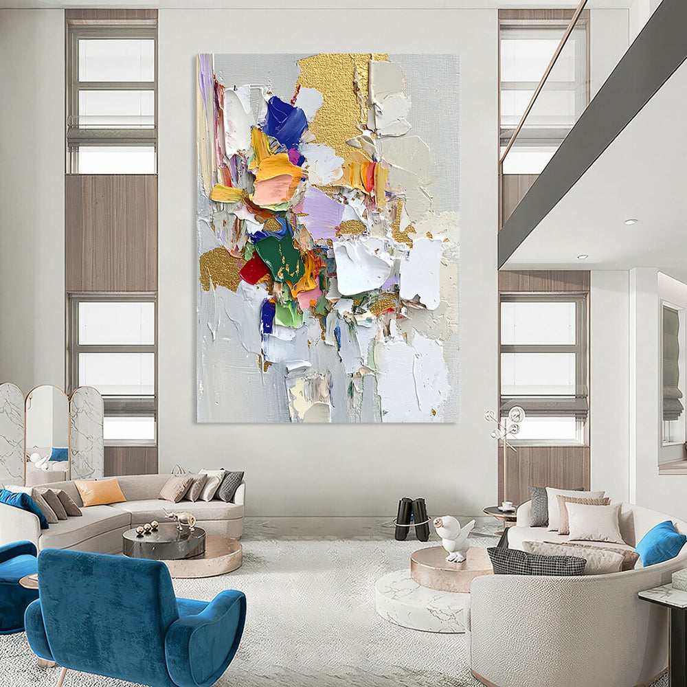 Contemporary abstract artwork featuring palette knife textures thick brush strokes and vibrant fabric pieces on textured paper with gold leaf highlights. DLZ0716
