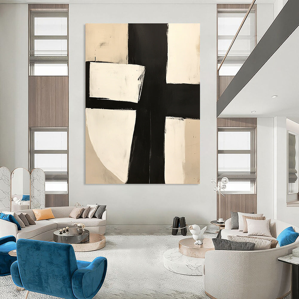 Contemporary hand-painted abstract art featuring bold black and white blocks minimalistic design with a central square and X motif. DLZ0508