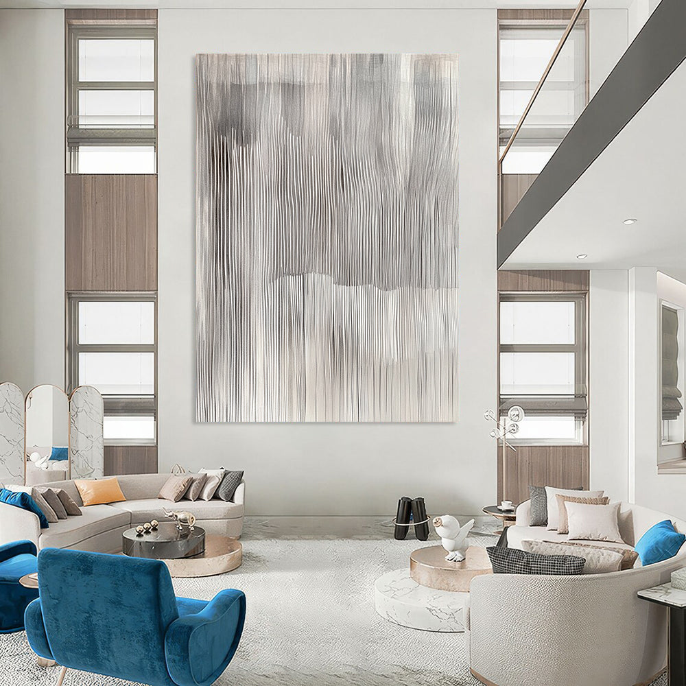 Contemporary hand-painted abstract art featuring undulating grey and white vertical stripes, evoking tranquility and capturing nature's beauty through textured geometric patterns. DLZ0862