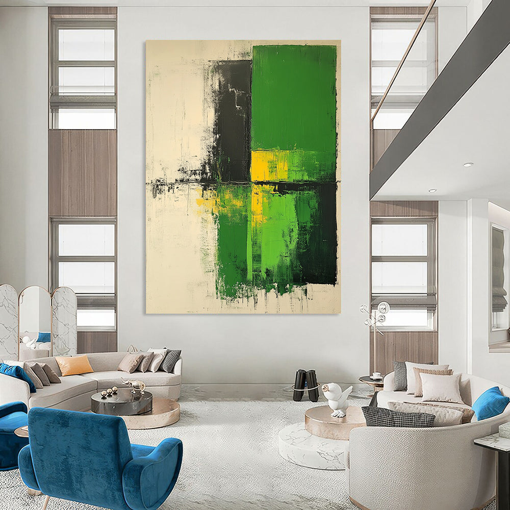 Contemporary large hand-painted abstract artwork in shades of green and white with neutral tones on textured canvas. DLZ0553