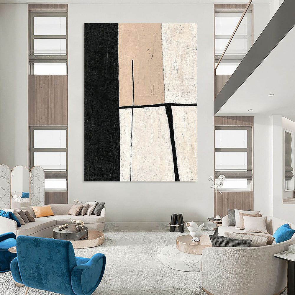Contemporary hand-painted abstract work featuring minimalistic shapes in a balanced neutral palette of beige and black for an elegant modern aesthetic. DLZ0936