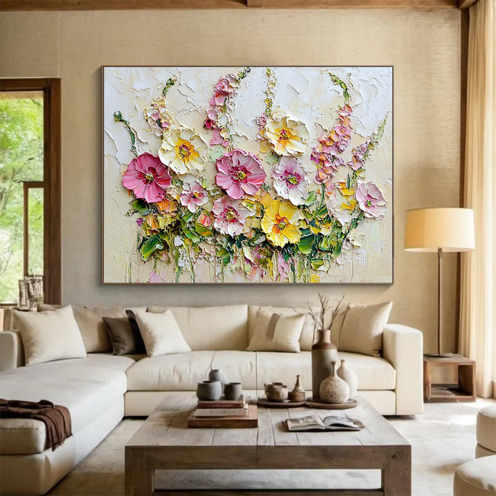 “Textured Floral Bouquet” - Pinks, Yellows, Greens, Thickly Painted Flower Bouquet - Impasto Oil Painting HB1744