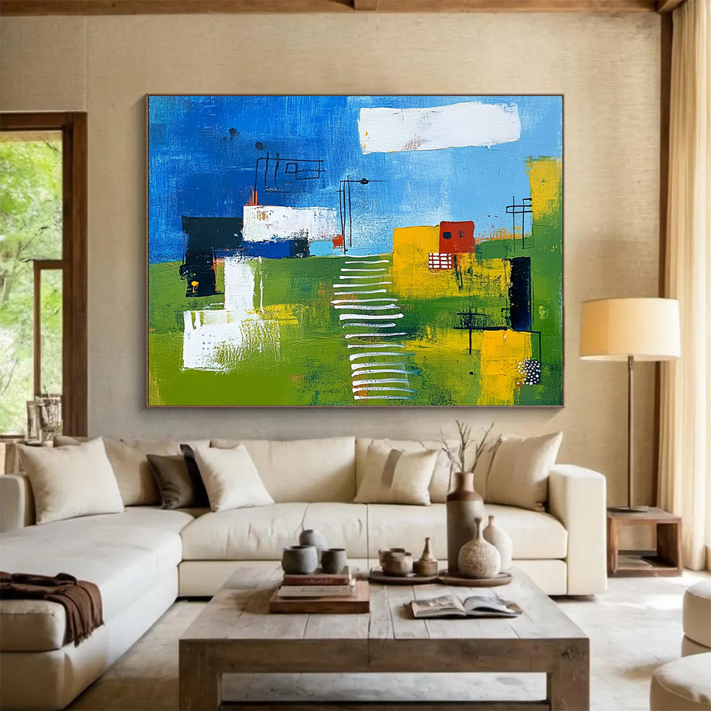 “Colorful Landscape Abstract” - Blue, Green, Yellow, White, Abstract Landscape - Painting On Canvas HB1415