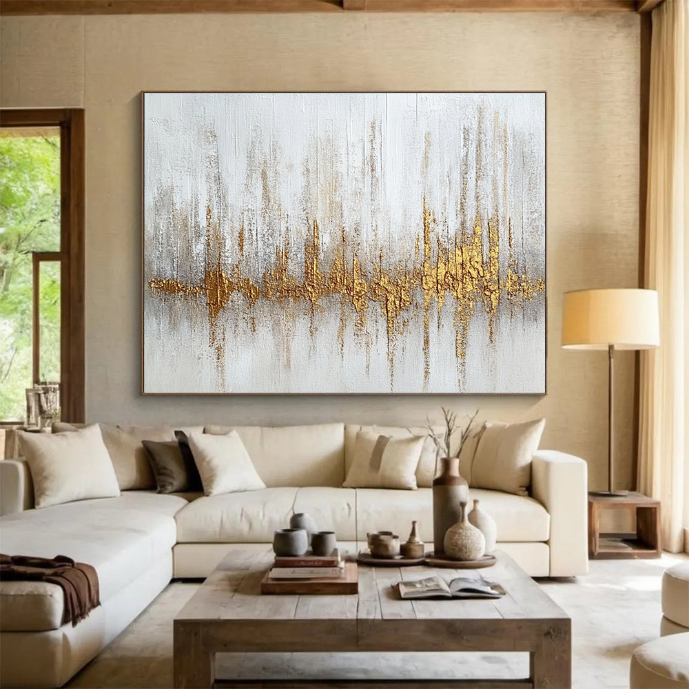 “Gilded Soundwave” - White, gold, gray; Textured gold soundwave on white; Mixed Media Painting On Canvas HB1207
