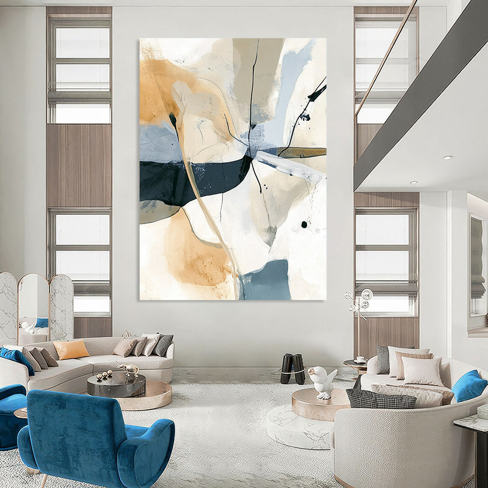 Contemporary hand-painted abstract artwork featuring soft lines and shapes in beige and gray with striking black splashes for a modern aesthetic. DLZ0285
